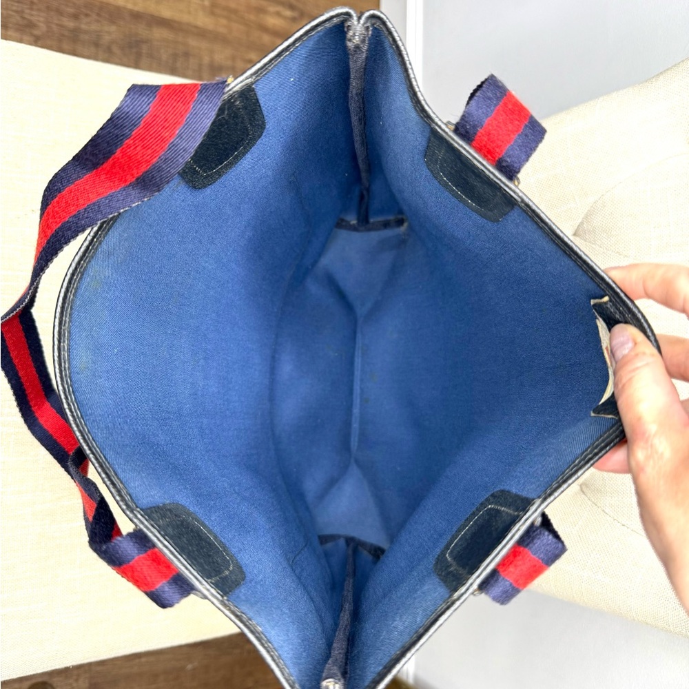 Gucci authentic navy grey monogram coated canvas tote bag ribbon handles - Picture 14 of 16